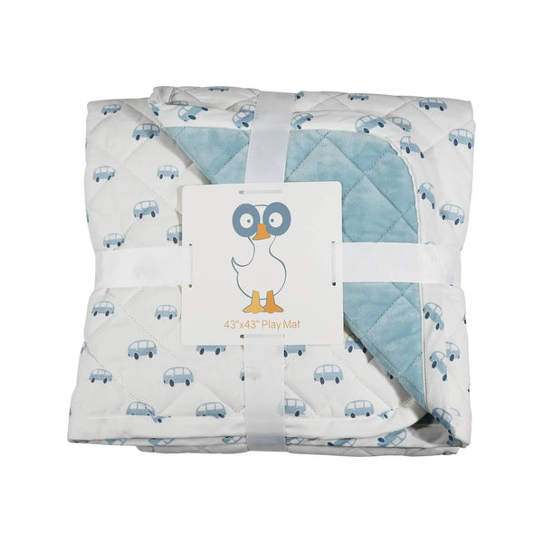 Goosewaddle soft car print baby play mat in white and blue quilted cotton fabric