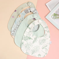 Soft cotton baby bib set with green leafy and animal prints for infants, adjustable snap closure