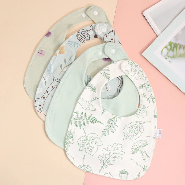 Soft cotton baby bib set with green leafy and animal prints for infants, adjustable snap closure