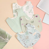 soft cotton baby bib set with pastel green, beige, and white colors featuring nature and animal prints for babies