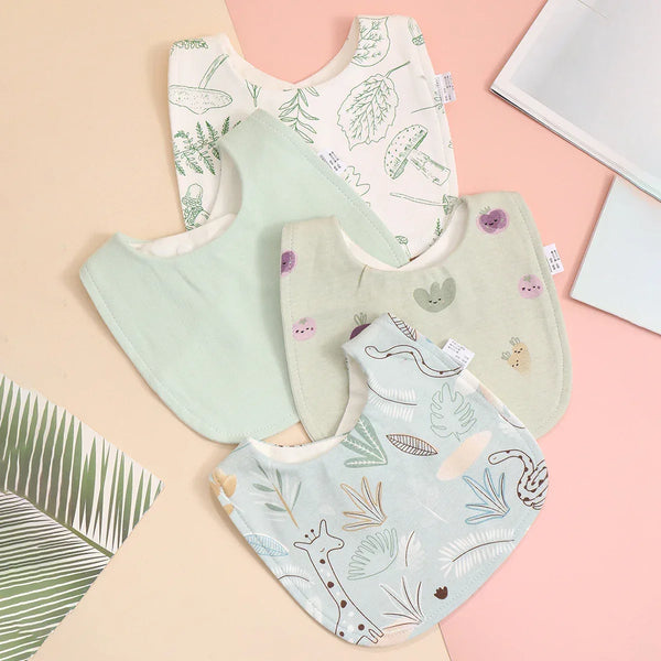 soft cotton baby bib set with pastel green, beige, and white colors featuring nature and animal prints for babies