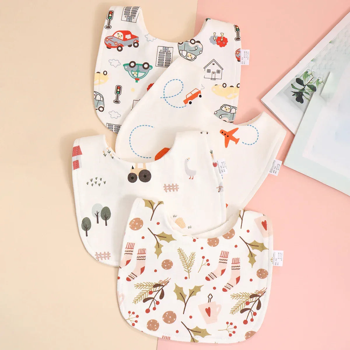Soft cotton baby bib set with colorful vehicle and holiday patterns for infants