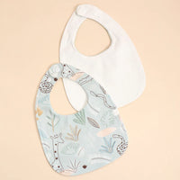 Soft cotton baby bib set with blue animal print and plain white bibs for infants