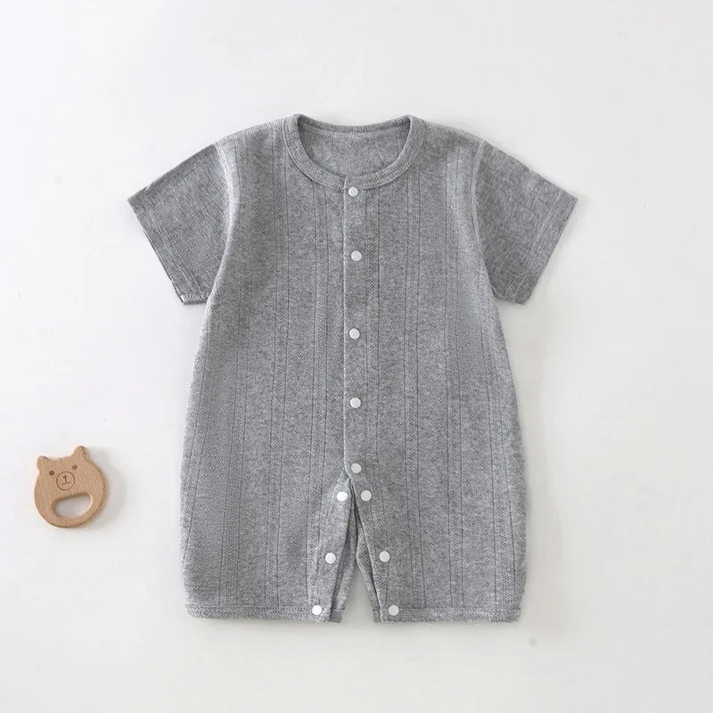 Gray soft cotton baby romper for infants with short sleeves and front snap buttons