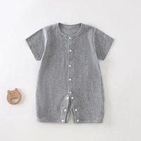 Gray soft cotton baby romper for infants with short sleeves and front snap buttons