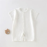 white soft cotton baby romper for infants with short sleeves and front button detail