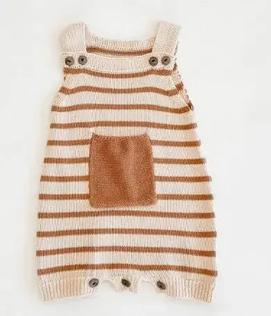 soft knit baby romper cream and brown striped with front pocket for infants