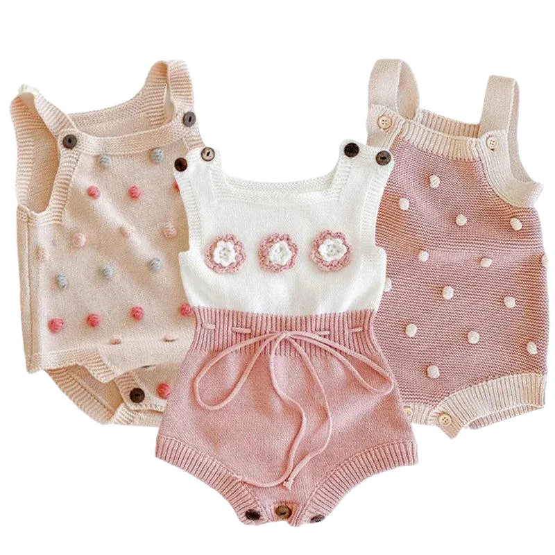 Soft knit baby romper set in cream, pink, and beige for babies with floral and polka dot details