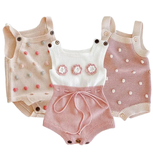 Soft knit baby romper set in cream, pink, and beige for babies with floral and polka dot details