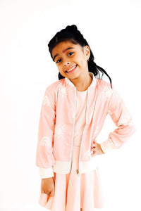 Soft pink satin jacket for girls with white sun and rainbow print, long sleeve size kids