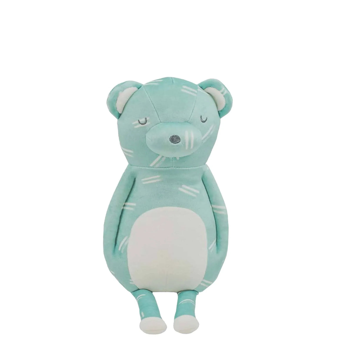 Soft plush bear for babies in light teal with white belly sitting upright facing forward