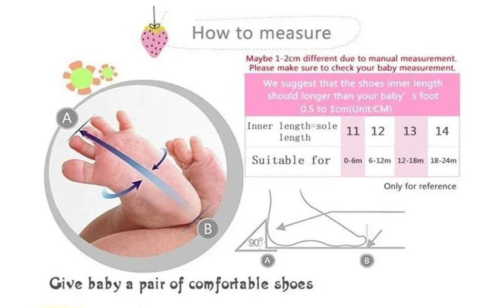 Infographic showing how to measure baby foot length for soft sole baby shoes in various sizes