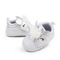silver soft sole baby shoes with white flower decoration for infants age 0 to 6 months