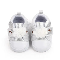 Silver and white soft sole baby shoes with flower decoration for infants