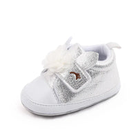silver and white soft sole baby shoes with flower decoration for infants