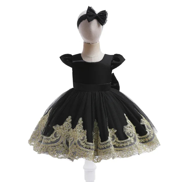 Black baby special occasion dress with gold embroidered tulle skirt and matching headband