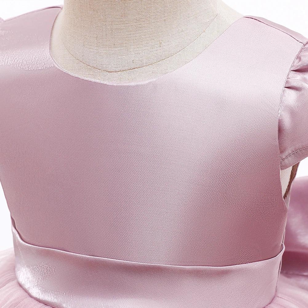 baby pink special occasion dress with satin finish and puff sleeves for babies