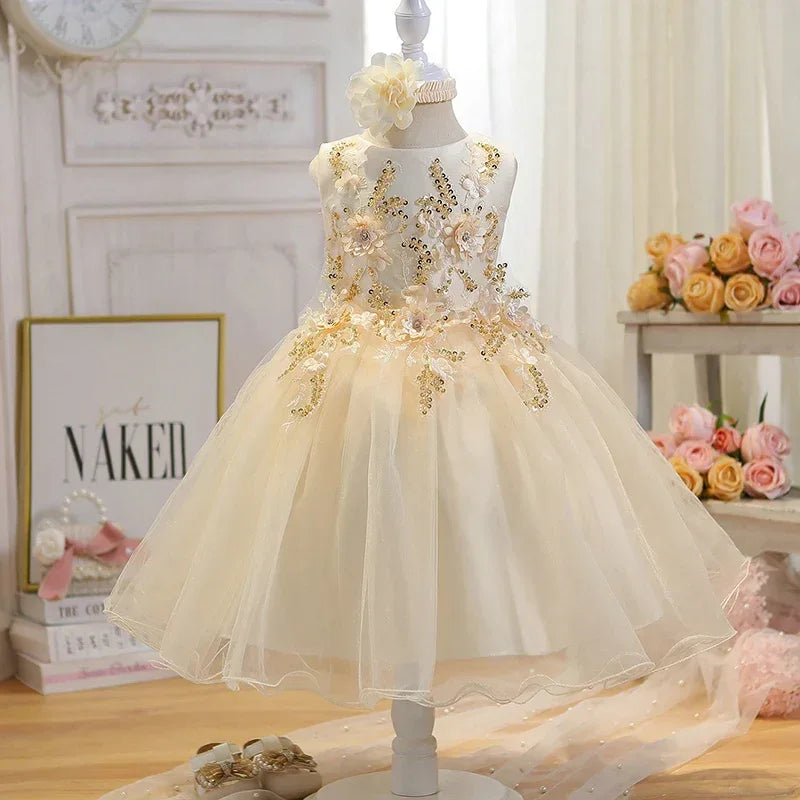 cream special occasion dress for babies with floral sequin embroidery and tulle skirt
