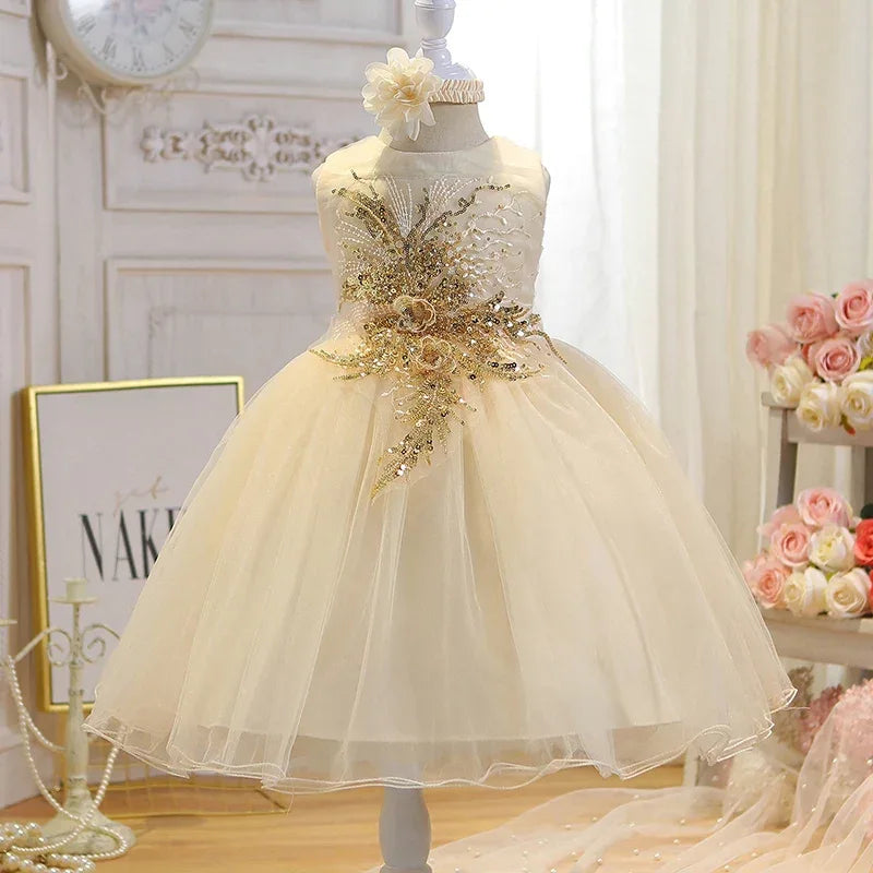 Ivory babies special occasion dress with gold floral embroidery and tulle skirt for infants