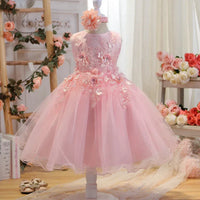 Pink girls special occasion dress with floral embroidery and tulle skirt for toddlers