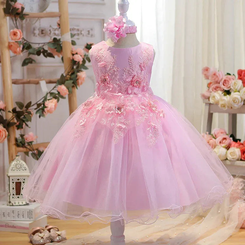Pink girls special occasion dress with floral embroidery and tulle skirt for babies and kids