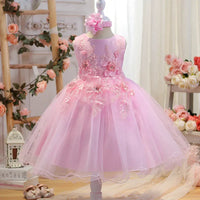 Pink girls special occasion dress with floral embroidery and tulle skirt for babies and kids