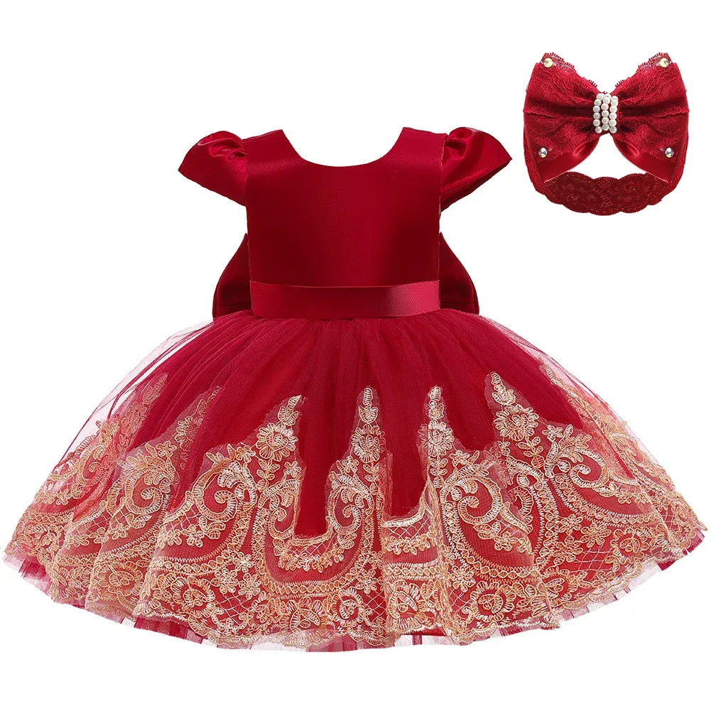girls red special occasion dress with gold lace embroidery and matching headband for toddlers