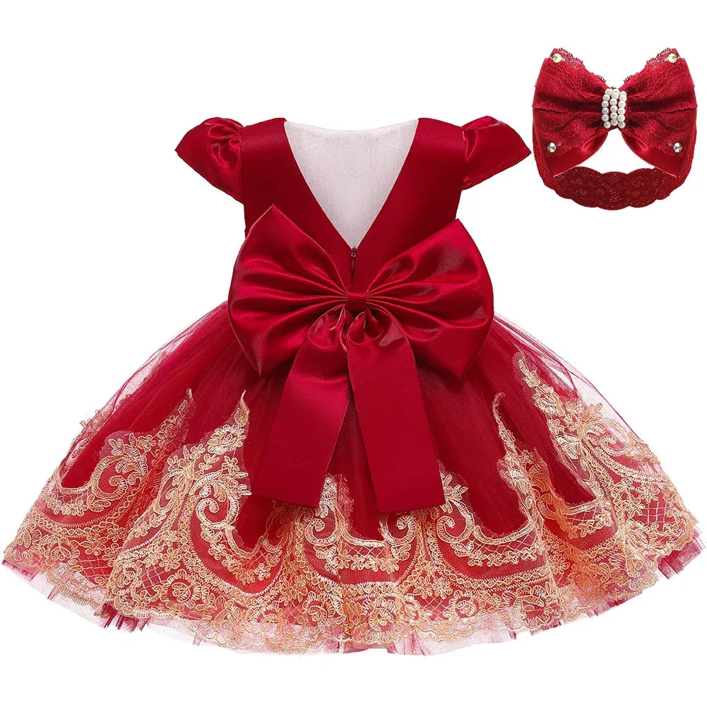 Red babies special occasion dress with gold lace embroidery and large bow with matching headband