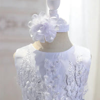 White special occasion dress for babies with floral lace and pearl embellishments, sleeveless
