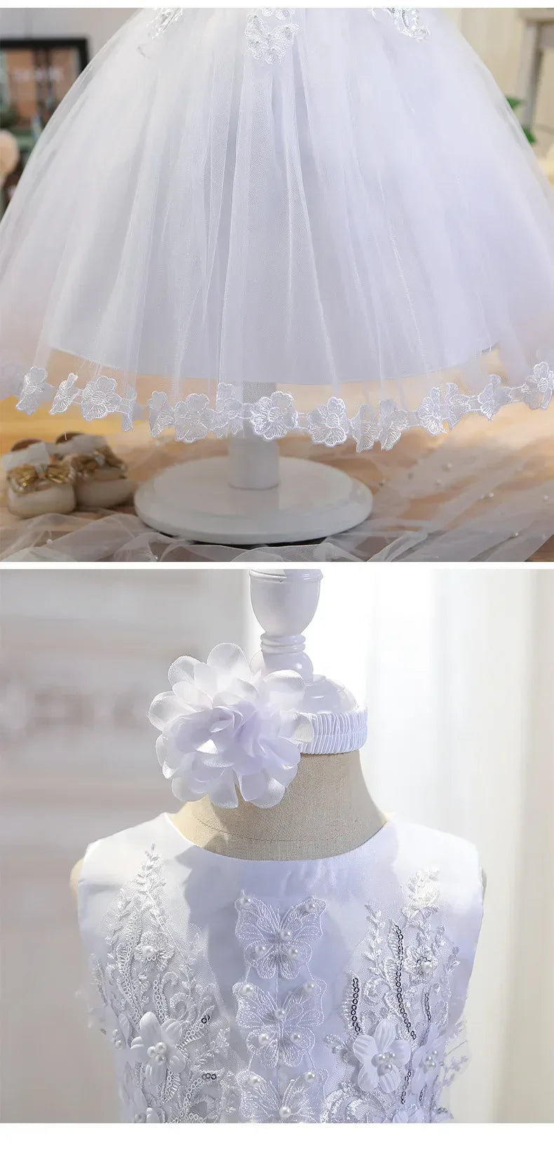 White special occasion dress for babies with floral lace details and tulle skirt