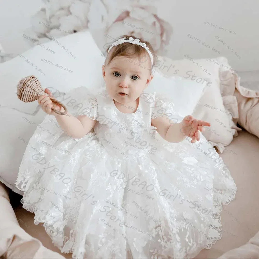 Baby girl white lace special occasion dress with puff sleeves and matching headband