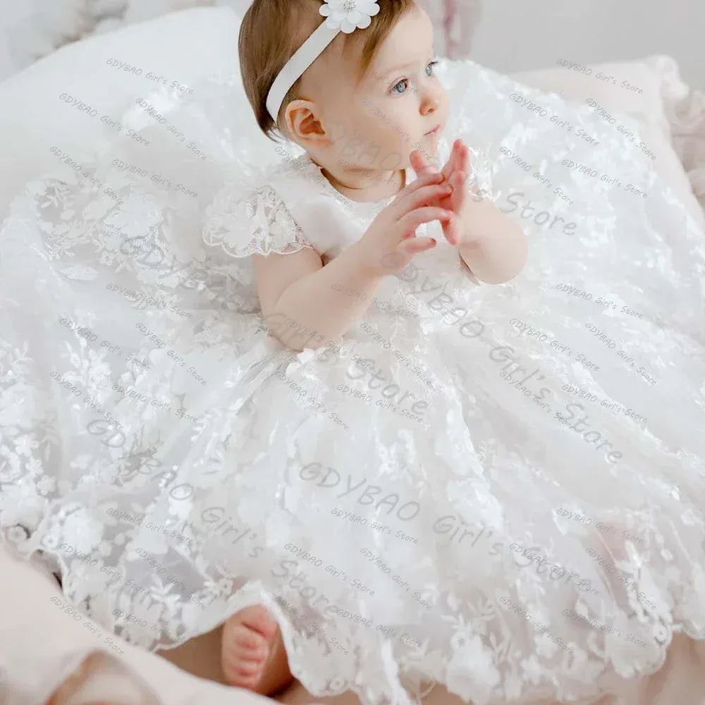 Baby girl white special occasion dress with floral lace and puff sleeves, size for infants