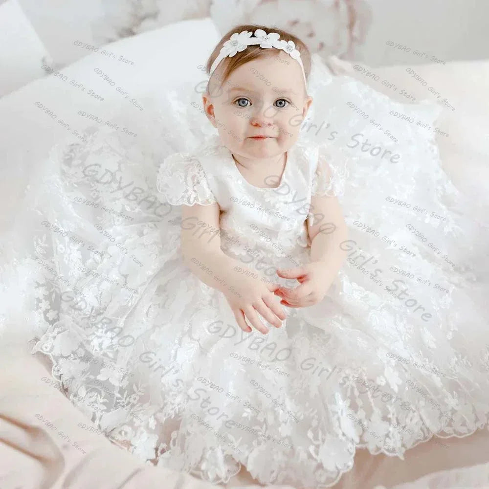 Baby girl white lace special occasion dress with floral headband for infants