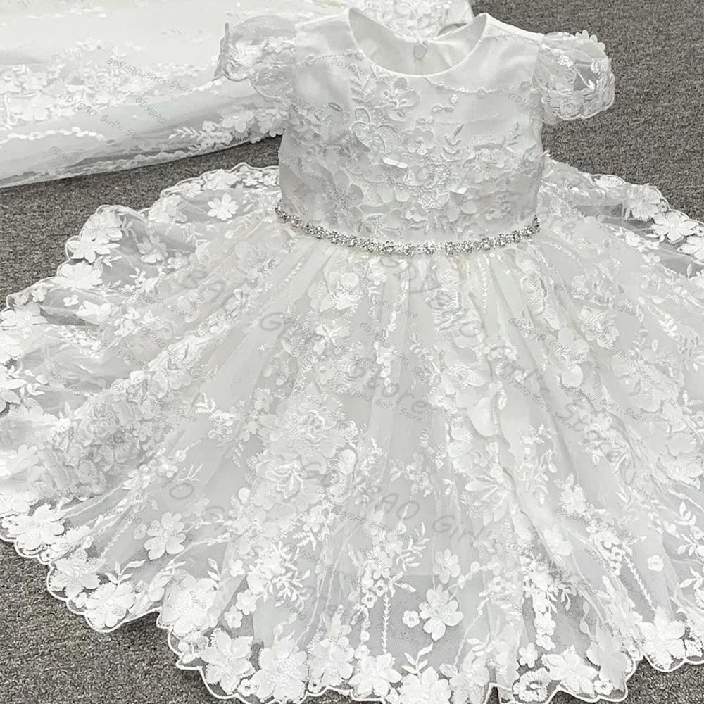 White floral lace special occasion dress for baby girls with puff sleeves and rhinestone waist belt