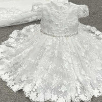 White floral lace special occasion dress for baby girls with puff sleeves and rhinestone waist belt
