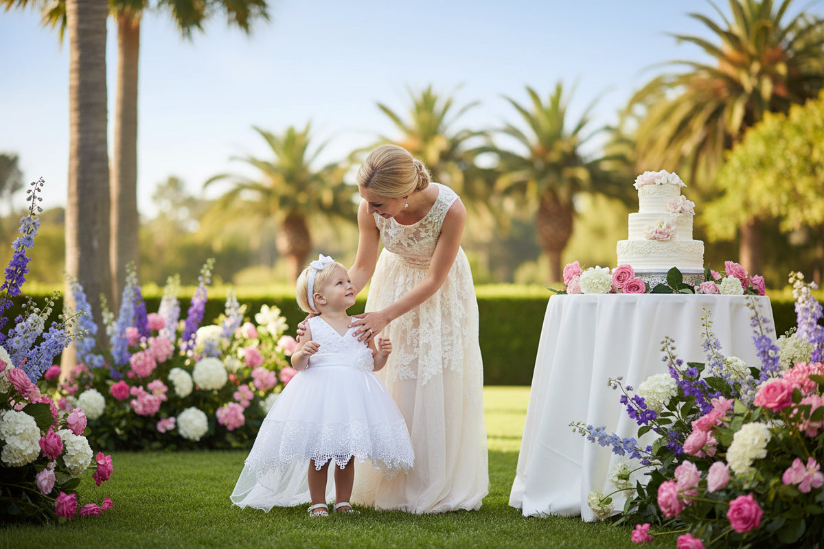 white baby special occasion dress with lace hem and flower sash, sleeveless with matching headband