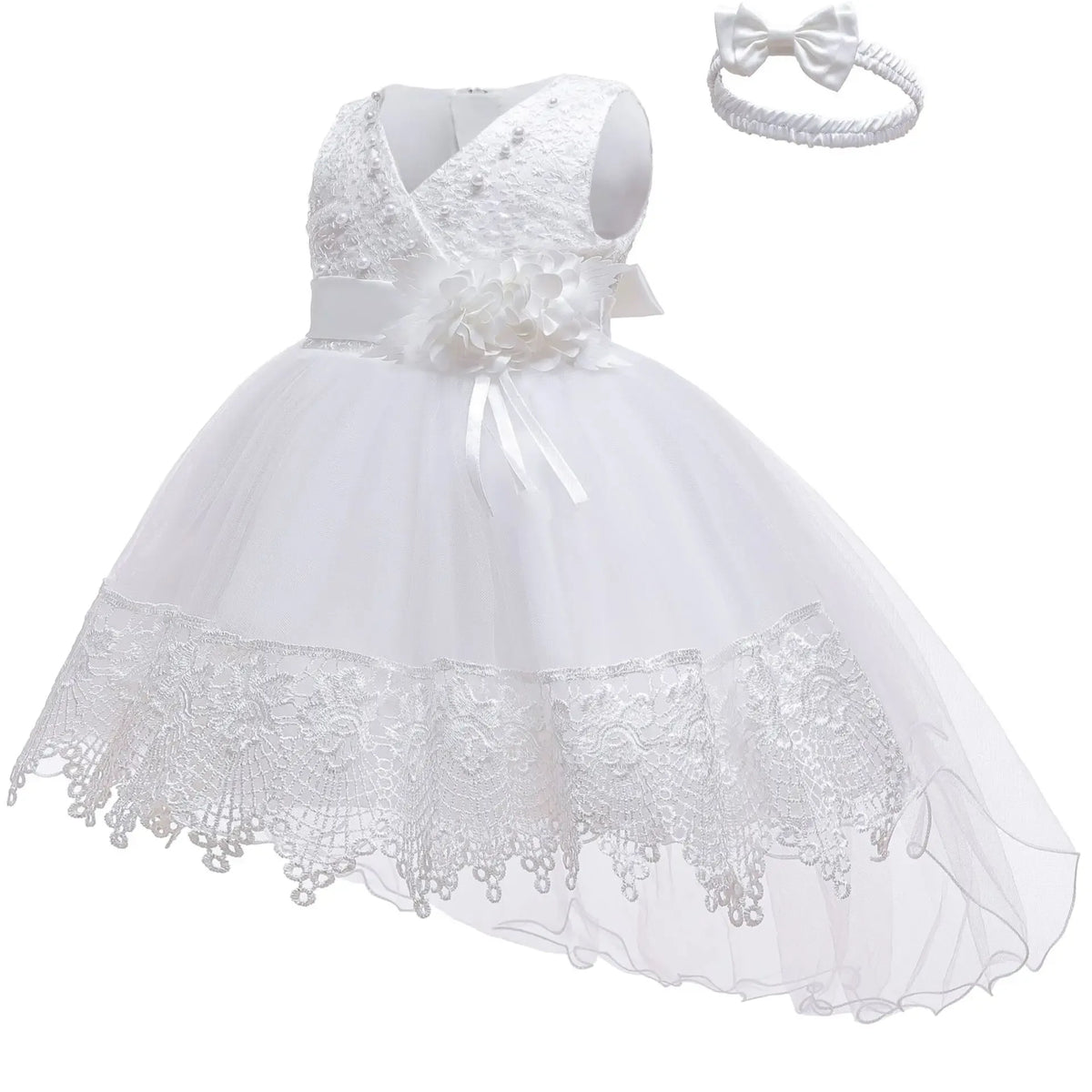 white girls special occasion dress with floral lace trim and matching headband for babies and kids