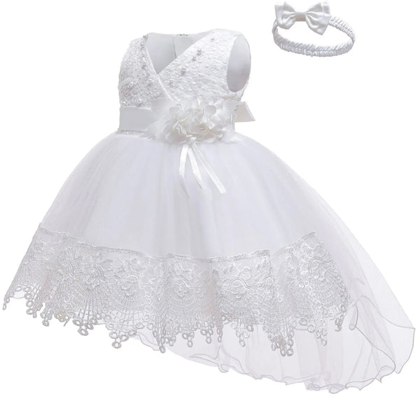 white girls special occasion dress with floral lace trim and matching headband for babies and kids