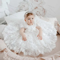 baby girl white lace special occasion dress with floral headband, delicate and elegant