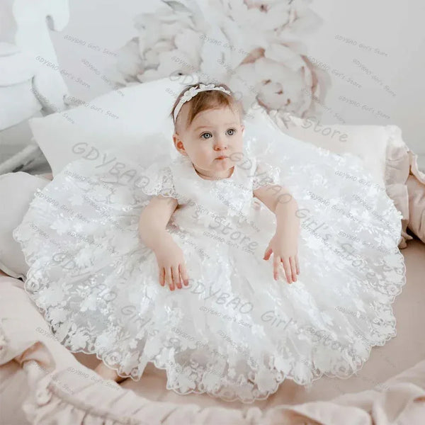 baby girl white lace special occasion dress with floral headband, delicate and elegant