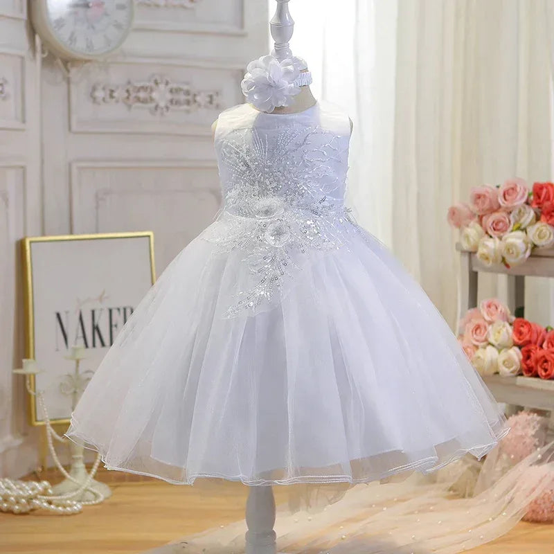 White girls special occasion dress with floral applique and tulle skirt for toddlers