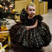 Girls black special occasion dress with lace and sequin details, toddler size with ruffled sleeves