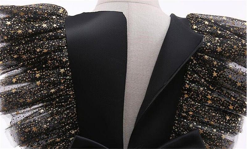 black special occasion dress with lace for girls star-patterned puff sleeves, toddler size