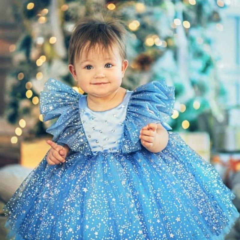 Baby girl blue special occasion dress with lace and star pattern, size 6-12 months