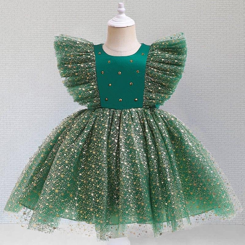 girls green special occasion dress with lace and gold star glitter, flutter sleeves for toddlers