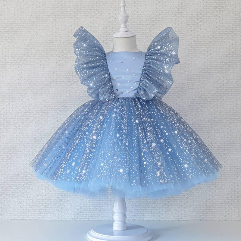 Girls light blue special occasion dress with lace and glittery tulle, toddler size