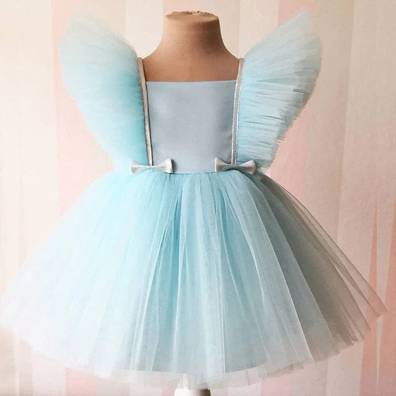 Light blue special occasion dress with lace for girls, tulle skirt and ruffled shoulder straps