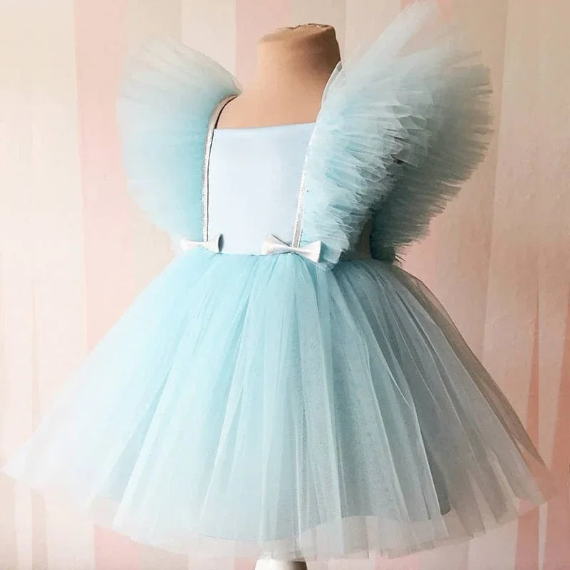 Light blue special occasion dress with lace for girls, tulle skirt and puffed sleeves