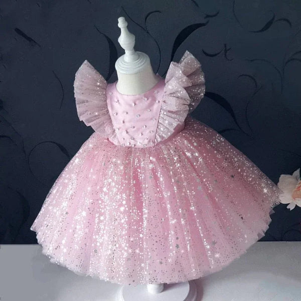 Girls pink special occasion dress with lace and starry tulle, toddler size with ruffled sleeves