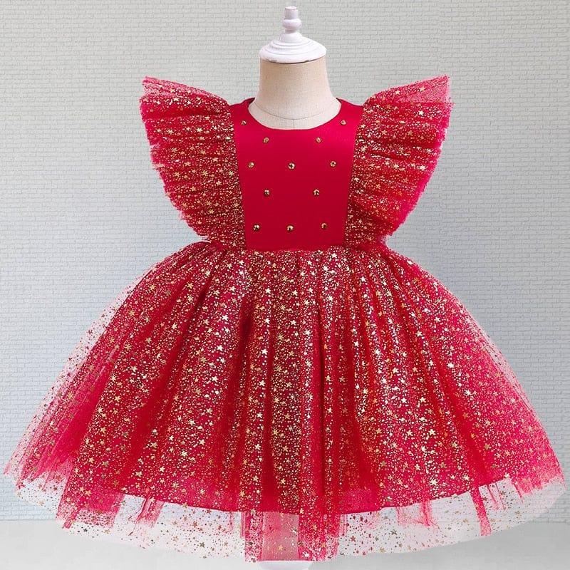 Girls red special occasion dress with lace and gold star glitter, toddler size, flutter sleeves
